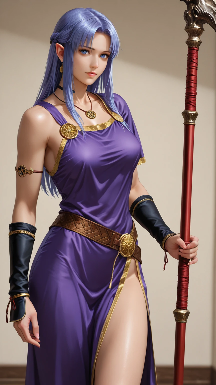 realistic, photo, 4K, A  with pure white straight hair, Dark Skin, Latin ancestors, Purple Iris, Wearing a black tactical suit with gold thread、She wears gold earrings in the shape of snakes. Detailed eyes, Detailed face, Complex grunge costumes, Cinema Lighting, Realistic concept art with strong backlighting.