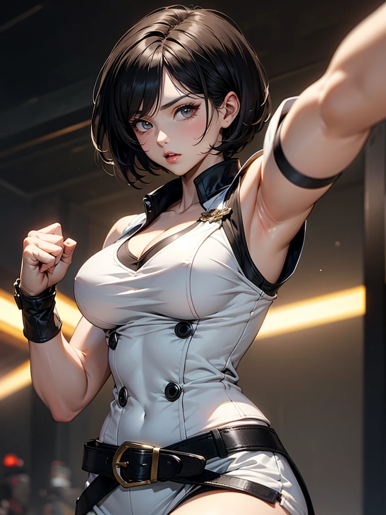 a teenage girl with short brown hair in a ponytail, golden eyes, tanned skin, no visible breasts, wearing a leather harness, a white sleeveless t-shirt, black shorts, and a leather belt, in a night forest setting, high quality, detailed, photorealistic, 8k, masterpiece, cinematic lighting, moody atmosphere, dramatic shadows, vibrant colors