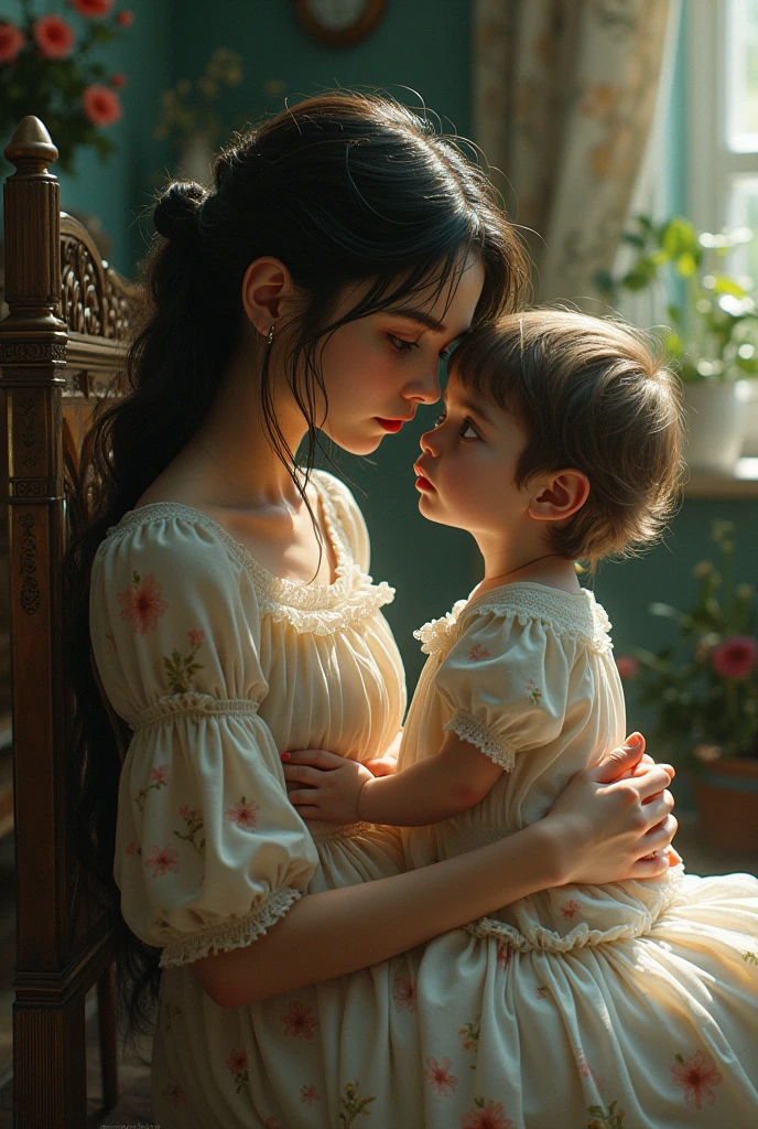 ((Ultra realistic, top quality, super definition, high definition)) portrait of a loving mother with her 1-month-old baby in a joyful boho style room.