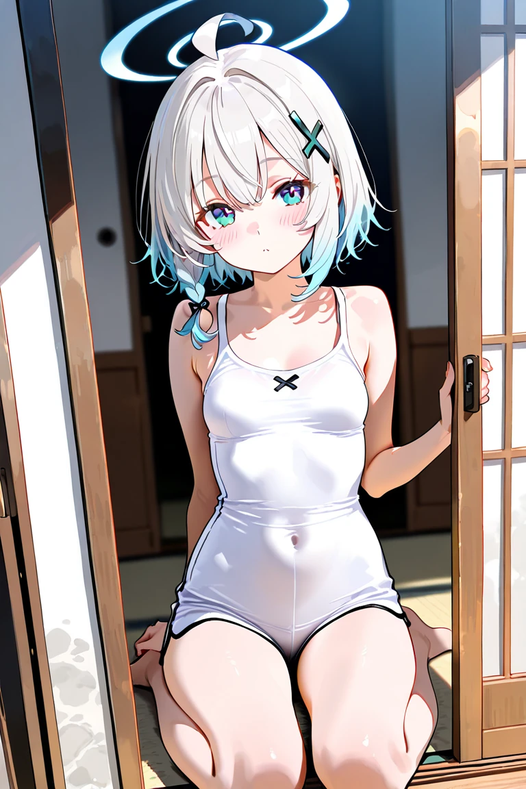 Furry white bear,White fur,Loli body,blue color eyes,White hair,In the daytime,Glowing hair,Wearing white panties,Didn't wear underwear,A shy look