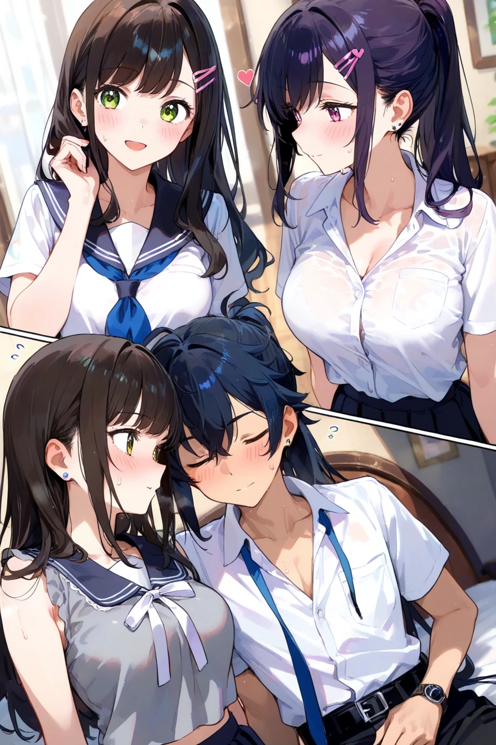 Generate an image of Hoshino Ichika from Project SEKAI. She has long, straight, dark blue hair and light blue eyes. ((Her bangs are long and side-swept)),(1girl),nsfw,steam,(topless),1 boy,penis,fellatio,tongue licking,side view,from side,How to mouth,How,Completely naked,1girl