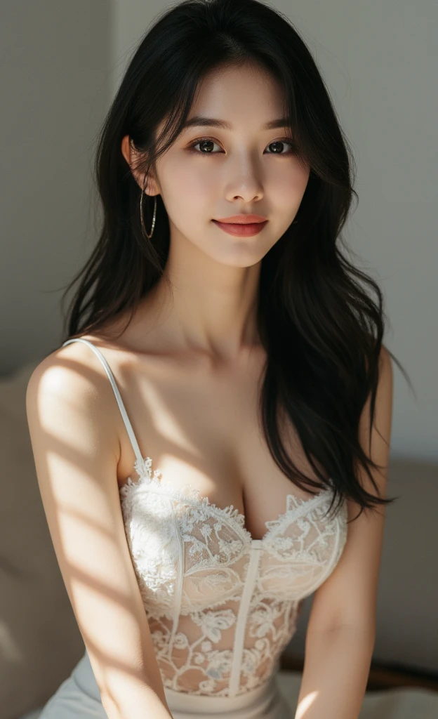 (Smile Big:1.4),Ultra Realistic Face,Symmetrical Face,((White Lingerie))),19 Years Old,((Masterpiece, Best Quality, 8K, Absurd:1.4)), stunning, Beautiful girl, Face Light,Big, Cleavage, Small Bra, Watch Viewer, High Definition, (Dutch Angle, Perspective, Depth of Field:0.8), Ultra Detailed, Detailed Face and Skin, Gentle Eyes,Detailed Eyes, double eyelids, black hair, ((thigh: 1.3)), hands hidden behind back,