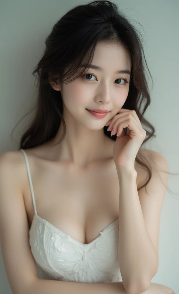 (8K、highest quality、masterpiece:1.2)、(realisitic、Hphotorealistic:1.37)、ultra-detailliert、Soft light、1 girl in、cute little、独奏、modeled、White lace underwear、A slight smil、beautfull woman、slenderbody、lightly dressed、Skin revealing、Hair color is brown、