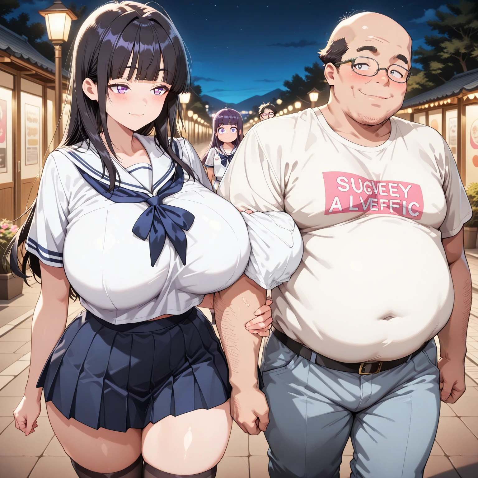 Pink haired girl 、Milft Body、、Upper Body、Twin Drill、blue eyes、Prostitute、In town、Arm in arm with ugly fat middle-aged man