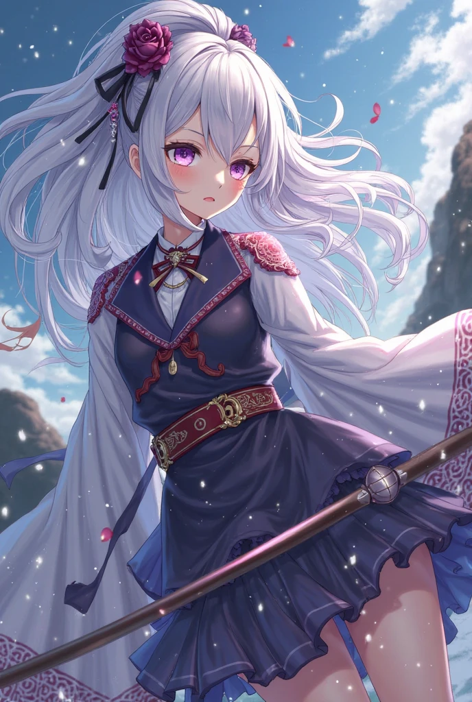 (((​masterpiece)))、(((top-quality)))、((ultra-detailliert))、(illustratio)、((extremely delicate and beautiful))、、Bright smile、floating、Light purple hair、(Detailed light) (1girl in)、、独奏、The long-haired、The wind is blowing、A WORLD、（cute eye:1.5）、Holding a sword in his hand、Kimono、Longsword、battle field、Star chips、overlord、Strong