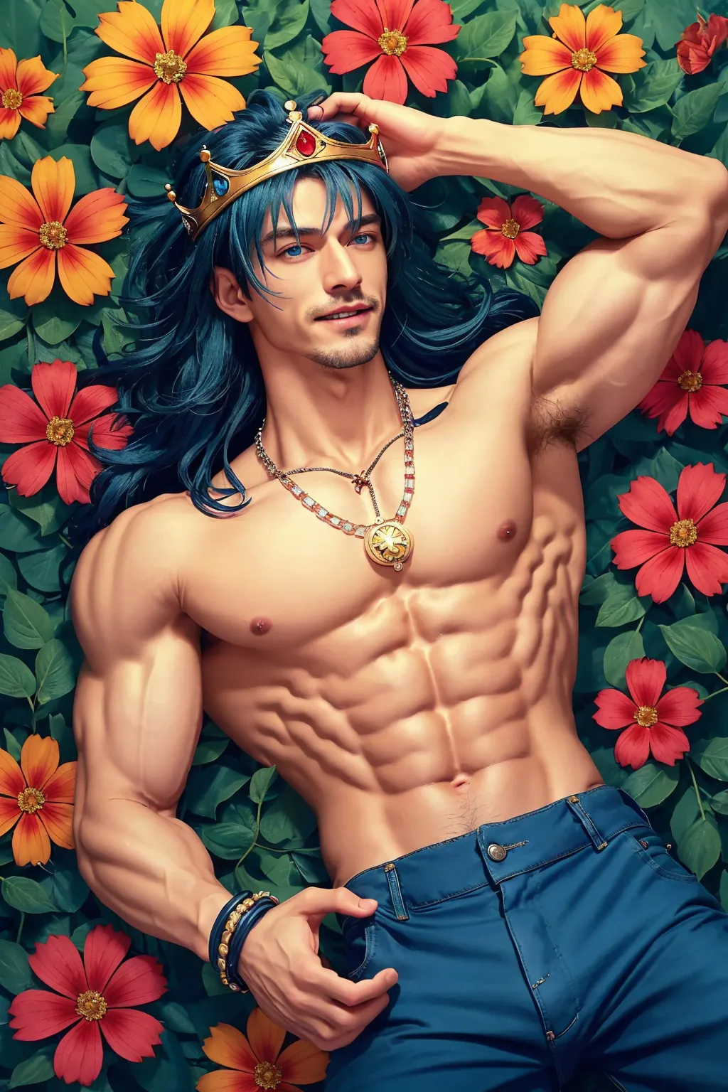 a handsome black man with a fit physique, long blue hair, feline ears, front view, in a village setting, eating an apple, 4k, high detail, best quality, masterpiece