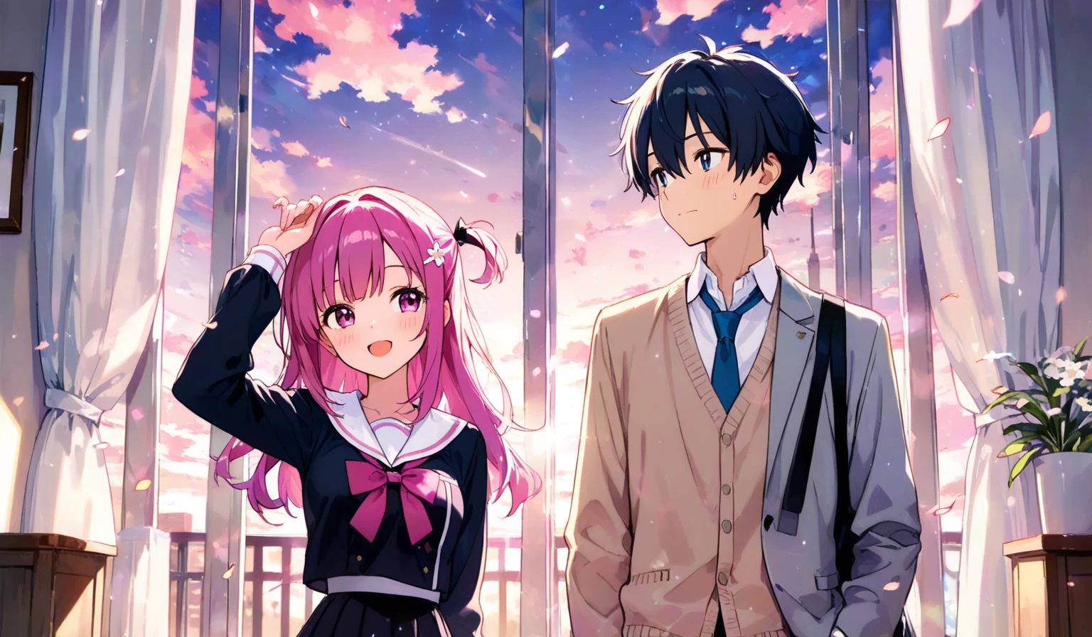 ((masterpiece, high quality, best quality)),
pink hair and purple eyes 1girl, school uniform, black hair and blue eyes 1boy, holding hands, girl is long hair, boy is short hair, night sky, couple, hetero, faceless male, dancing,
<lora:kk-style_v2.2:1.0>