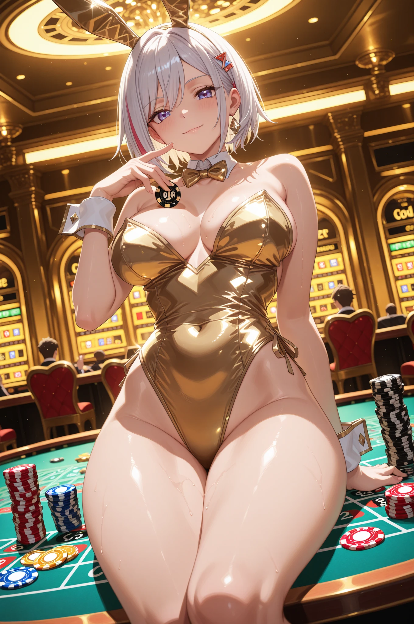 21yo girl, elf, long hair, golden hair, hime cut, J cup breast, thicc thigh, fishnet leotard, skin, golden heels, golden pasties on pussy and tits, golden bracelets , golden necklace, golden strings, pink love glasses, casino view, clear view