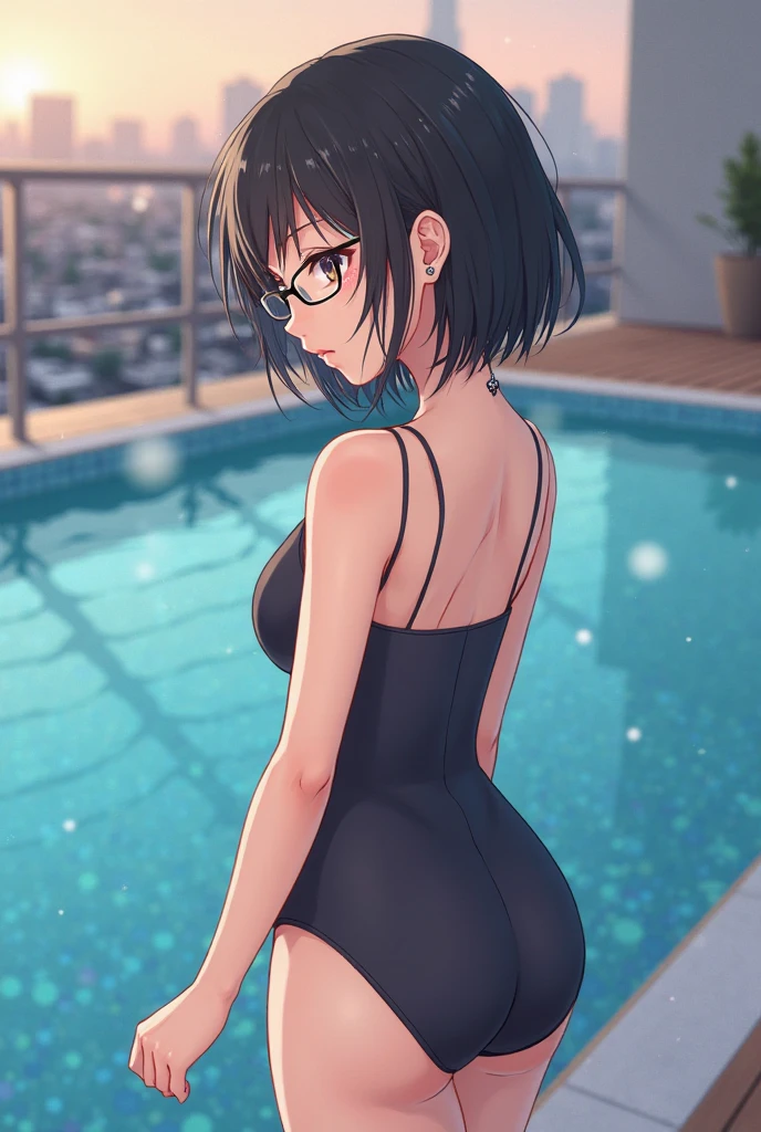 A 27-year-old female office worker enjoys her holiday at the indoor pool.、dark brownの髪色でロングボブヘアーです、I'm not wearing anything、she is completely naked、squishy belly、She has pubic hair and we can see it、You can see the night sky outside the glass、It&#39;s late night now、High quality starry sky、high resolution images