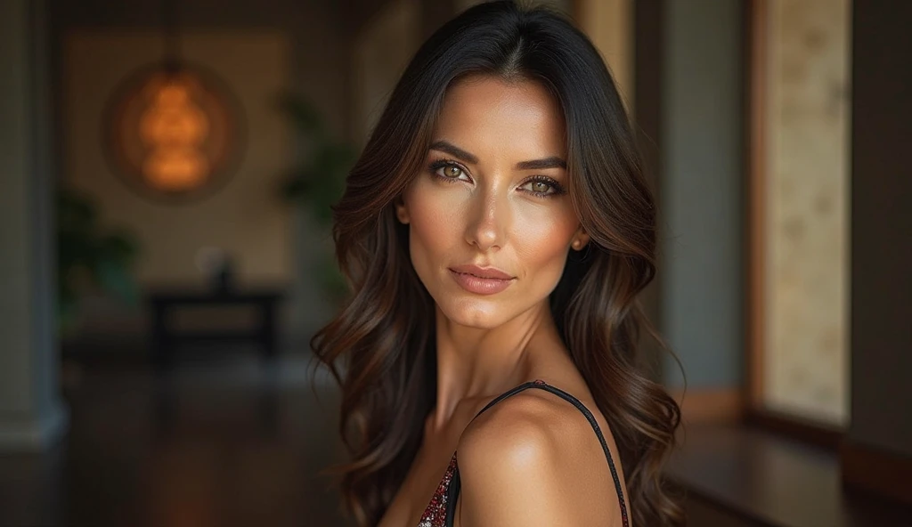   jolie jeune femme brune qui regarde devant soi avec de beaux yeux marrons d'origine italienne avec de longs cheveux bruns raides et lisses qui porte une jupe et un tailleur 