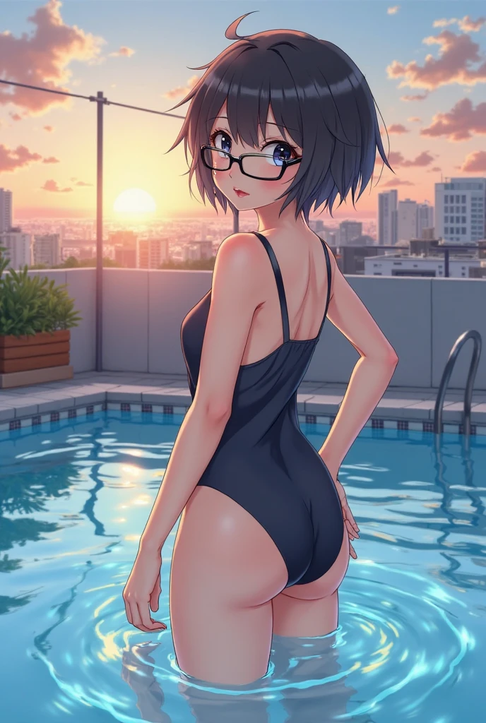 emo loli from the back looking at the city, black bathing suit, short hair