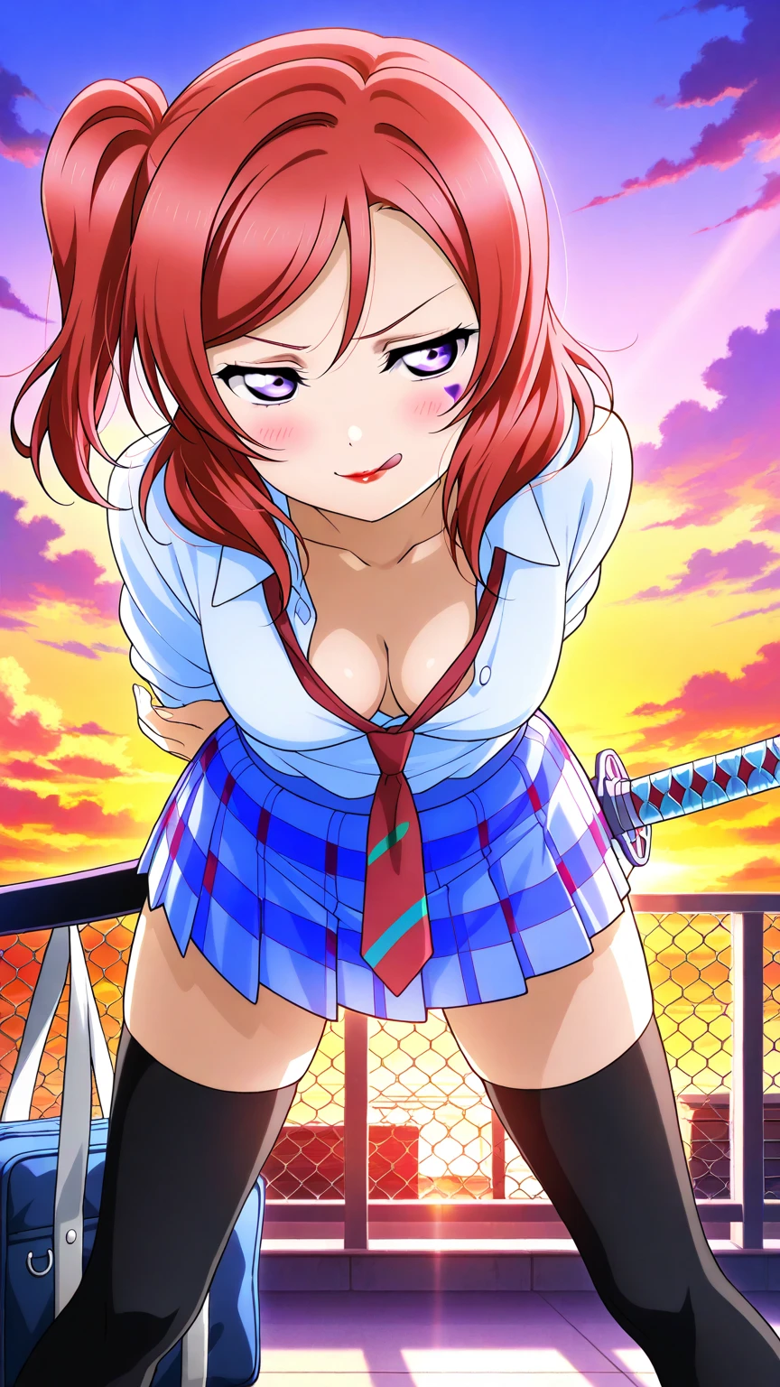 masutepiece, Best Quality, Medium orange hair, Sheer clothing, Big eyes, Cute face, Realistic, Big butt, bubble butts, curvy body, Big breasts, Chest and buttocks are visible, focus on the ass, Orihime Inoue, Bleach Character, school girl outfit, Red ribbon at neck., Slender body, Bleach Anime, Orihime, see through panties, Wet body