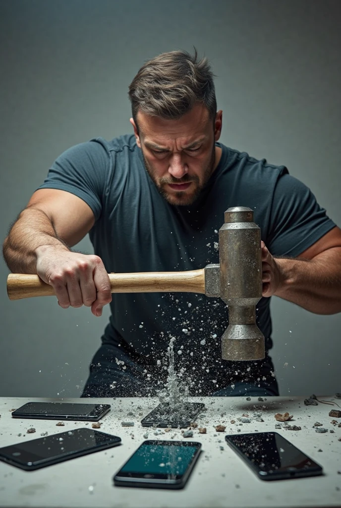 a man holding a sledgehammer to hit an eyeglass frame in front of him on a brown table