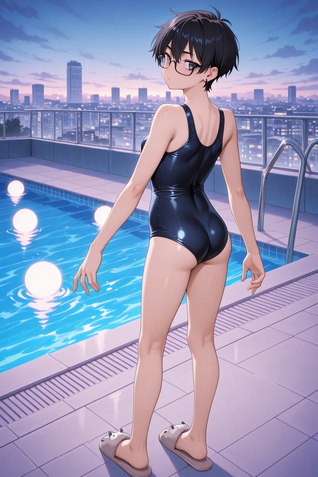 A boyish, short-haired, busty, beautiful-legged woman is standing by the pool in a competitive swimsuit with her legs spread to the side.。Angle from behind。