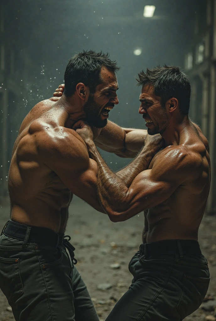 hairy Italian daddy muscle boxing with a strong chest and colossal arms and biceps, he wear a oversize white boxing gloves fighting with his adult  in a close fight, he is teaching to boxing in a small boxing gym with large mirrors where they reflect. They both look tired and sweaty. both are muscular, hairy and stronger. they are huge and be hug, sweat over his bodies