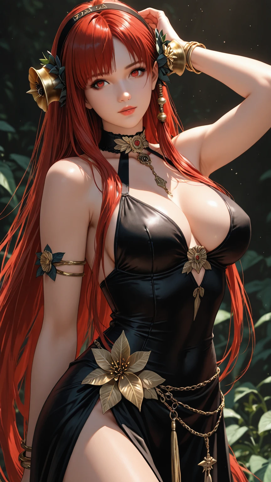 ((masterpiece, best quality)), (1girl),((mature female)), red hair, hairband, bangs, long hair, see through leotard, , black hairband, curvy,cleavage,confident,nature, sexy, ???????