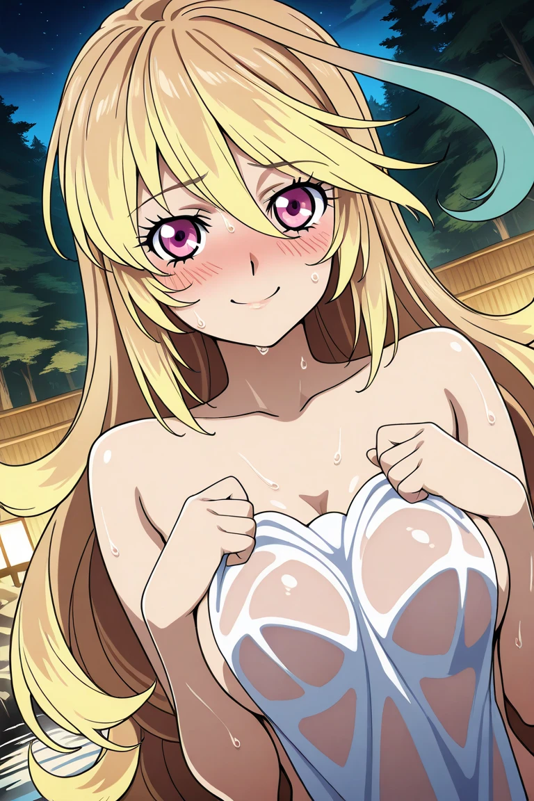 (anime art style:0.1), 2d, masterpiece, best quality, (very aesthetic:1.5), absurdres, dynamic shadows, atmosferic, (kitagawa marin), (1girl), ((blonde hair)), bob cut, long hair, (red eyes), sparkle eyes, detailed eyes, eyelashes, ahoge, hair between eyes, bangs, medium breasts, makeup, lipstick, (curvy body), smile, magical girl, pink bikini, micro bikini, ((cowboy shot)), looking at viewer, grabing own breasts, standing, legs apart, (from front), sky, clouds, beach, city, night