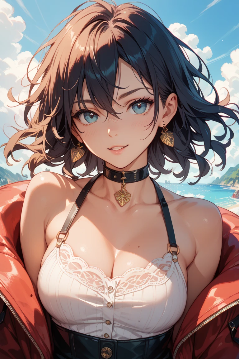 ((a masterpiece of art)), highest quality, extreme details, perfect expression, dynamic angle, dynamic lens, (1 female), turquoise eyes, (short + beige hair: 1.2+ yellow hair: 1.3+ red + purple hair: 1.3+ black hair), red Dress, elegant, (close + light effect), beach, Wave, sunset, smoky, (style filter)