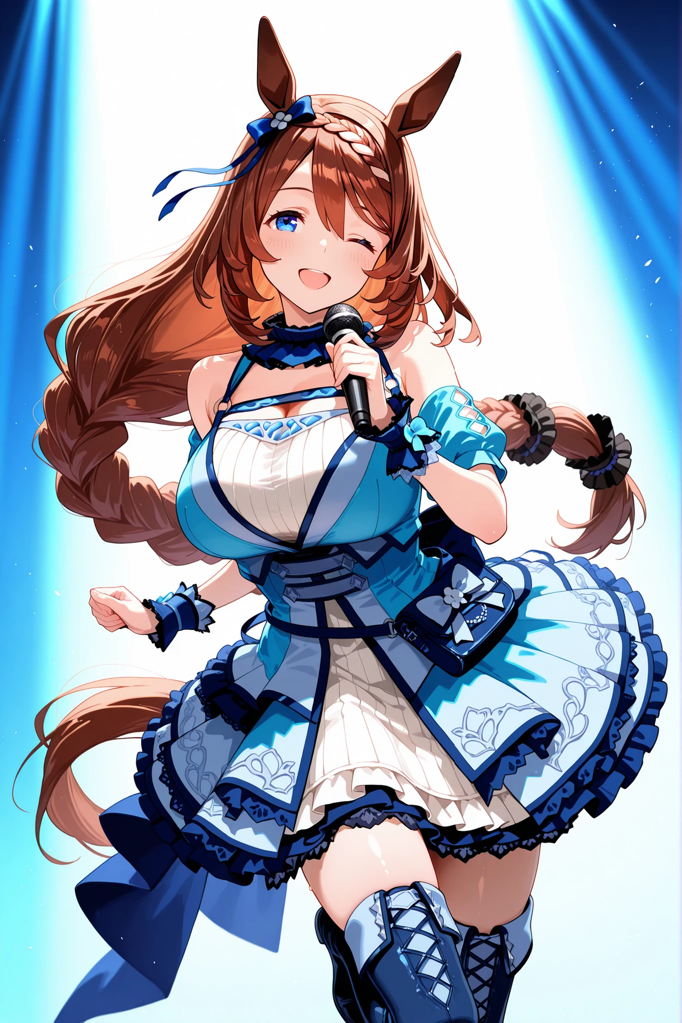 8K, score 9 up, score 8 up, score 7 up, perfect anatomy, masterpiece, glowing detailed skin and hair, high resolution, best quality, detailed shaded pretty face, absurdres, incredibly absurdres, draw with horniness, amazing quality, very aesthetic, Ultra HD, ray tracing, beautiful woman, zettai ryouiki, bare shoulders, thighhighs, long sleeves, wrist cuffs, happy, smile, hair between eyes, bangs, brown hair, long hair, blue eyes, very long hair, horse ears, horse girl, horse tail, braided ponytail, blue dress, thigh boots, mismatched footwear, asysmetrical footwear, super creek \(umamusume\), focus female, action pose, clothed, idol, idol outfit, frilled dress, idol stage, microphone, wink