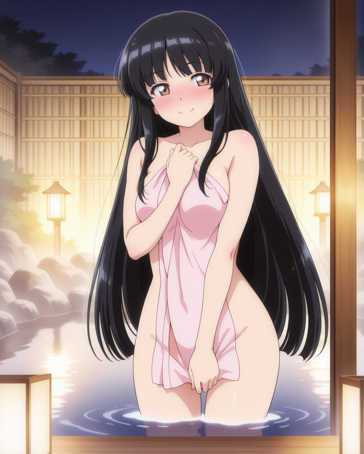 A Looks sickly girl from a Japanese nobility.  1940s with wet raven hair and light purple eyes,nsfw compuletely nude
