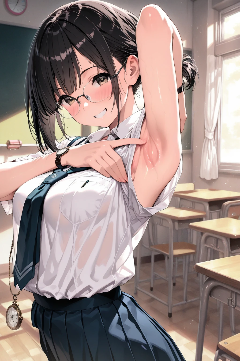 masterpiece,Highest quality,Super quality,Midsummer,School classroom,Unbuttoned ,Dark skirt,It&#39;s hot so I&#39;m taking off my panties,13-year-old female student,Pussy,Dark hair color,A little sweat,A small amount of pubic hair