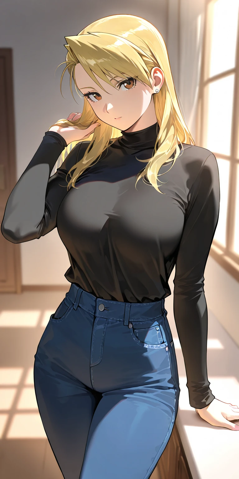 (Uhd, Masterpiece, Textured Skin, Super Detail, High Details, High Quality, Best Quality), Detailed Face, 1woman, mature pretty woman:1.5, ((Wide hips, thick thighs, massive huge breasts)), Blonde hair tied up, (Black sweater shirt), jeans, (Huge Body), (Hair tied up with side bangs)
