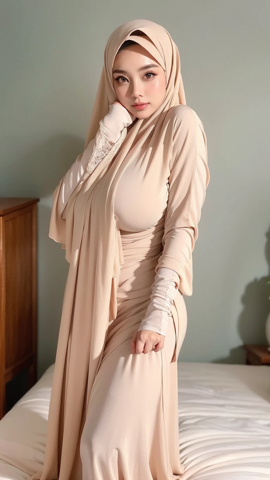 20 yo woman, hijab, sweater, dark theme, soothing tones, muted colors, high contrast, (natural skin texture, hyperrealism, soft light, sharp), simple background, slim body with big breast, (big size breast: 1.6) using off shoulder tight clothes, giant tits, big breast, breast bigger than torso, using white sweater, using black hijab, gigantic breast, gigantic , sweet smiling, sitting while spreading legs, half naked (using sweater, not using pants) naked, half naked, naked with hijab