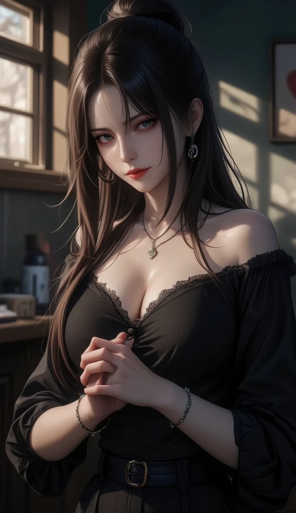 (((high angle shot, full frontal shot)))(best quality,4k,8k,highres,masterpiece:1.2),ultra-detailed,realistic:1.37,pretty anime woman,perfect anime eyes,((28 years old woman)),seductive gaze, she is ((reading tarot cards)) behind a table in a room in a castle in a very dark scene, illuminated by flickering torches, dramatic lighting, trasluscent robe, light_brown color skin, long black curly hair to the shoulders, luscious lips, anime style, (natural breasts:1)