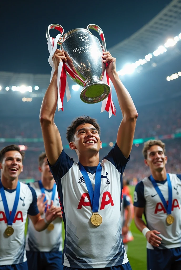 {
    "description": "Manchester United player holding the Champions League trophy during the celebration on the podium.",
    "elements": [
        {
            "label": "subject",
            "attributes": {
                "age": "25-30",
                "gender": "male",
                "ethnicity": "various"
            }
        },
        {
            "label": "face",
            "attributes": {
                "expression": "joyful",
                "action": "smiling"
            }
        },
        {
            "label": "hair",
            "attributes": {
                "color": "varied",
                "length": "short",
                "style": "neat"
            }
        },
        {
            "label": "body",
            "attributes": {
                "pose": "standing",
                "posture": "upright",
                "skin tone": "varied",
                "body type": "athletic",
                "breast": "",
                "ass": ""
            }
        },
        {
            "label": "cloth",
            "attributes": {
                "top": "Manchester United jersey",
                "bottom": "shorts",
                "cloth modifier": "sponsor logos"
            }
        },
        {
            "label": "action",
            "attributes": {
                "left hand": "holding Champions League trophy",
                "right hand": "raised in celebration"
            }
        },
        {
            "label": "setting",
            "attributes": {
                "background": "stadium",
                "time of day": "night",
                "environment": "celebration",
                "props": "podium, confetti",
                "light": "bright stadium lights"
            }
        }
    ],
    "style": {
        "type": "realistic",
        "color-scheme": "vibrant",
        "details": "high",
        "mood": "triumphant",
        "texture": "smooth"
    }
}