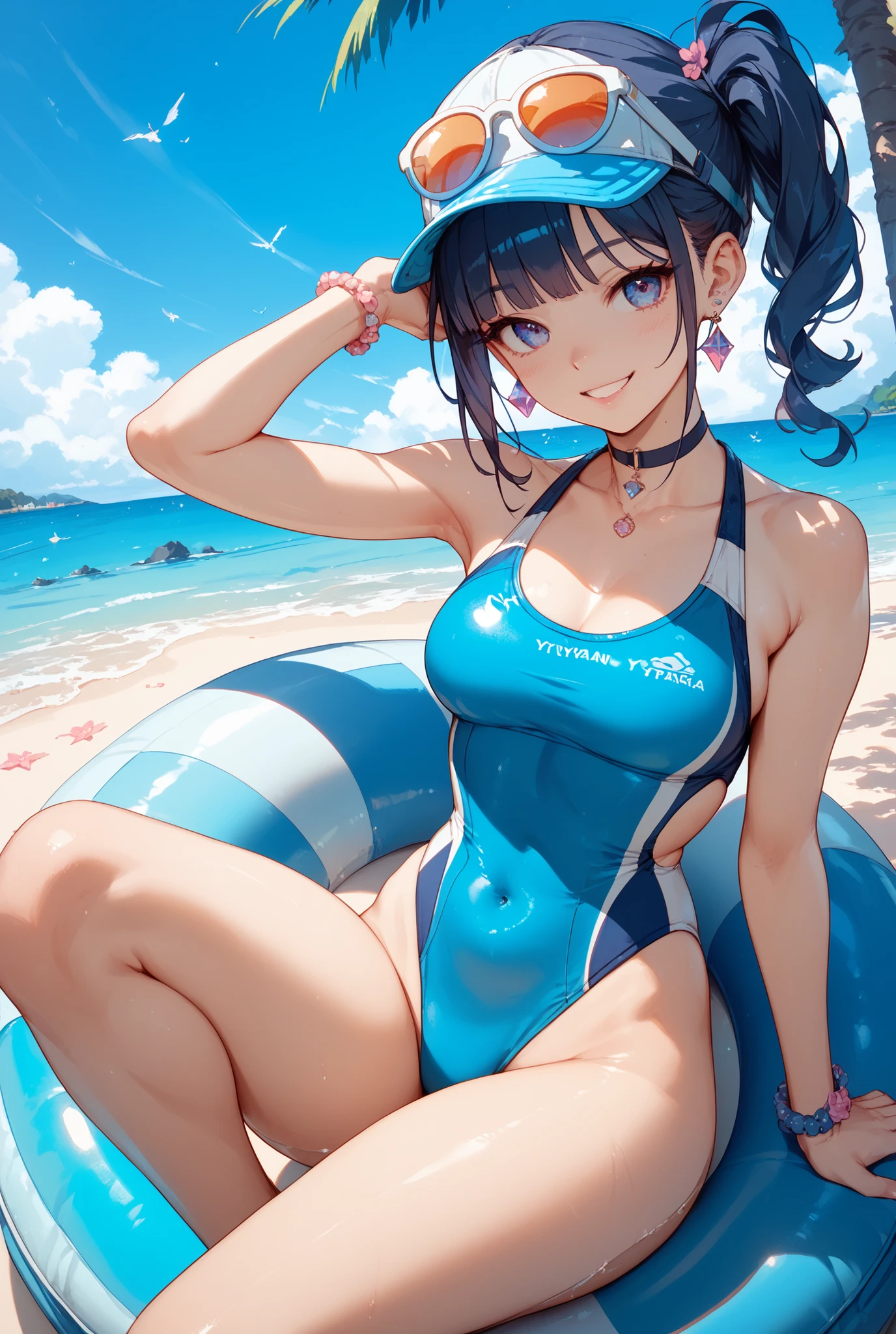 Highest quality、Masterpiece、Ultra-detailed、1 Girl、Folding ponytail、sitting on the beach、Happiness、(Enoshima Beach:1.2)、Small Hips、(Outdoor:1.3)、Low angle shot、Blue one piece swimsuit、at viewer、(open legs:0.6)、(camel:0.8)、Small breasts、Arena Shinsk、Under the blue sky、