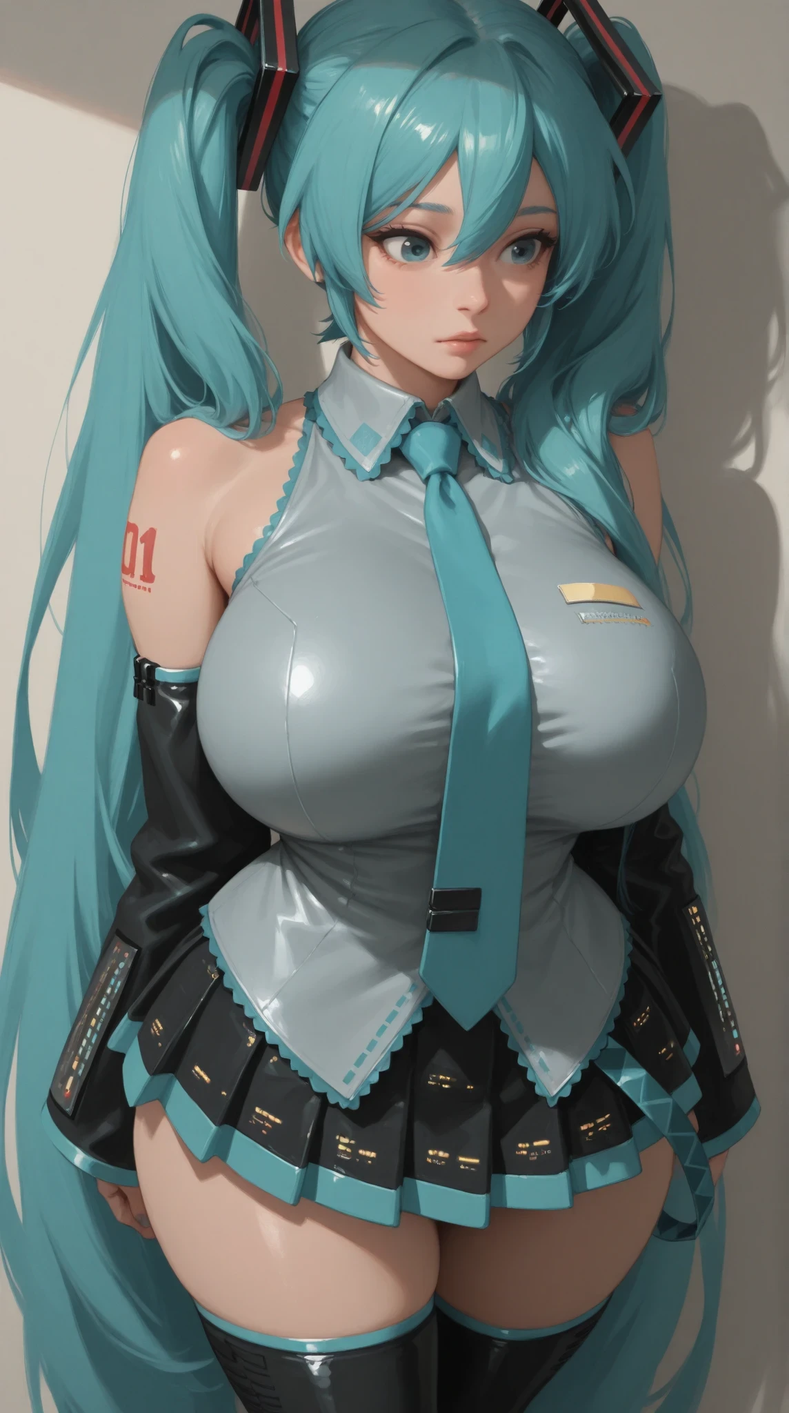 soda \(nikke\), maid, maid headdress, necktie, detached collar, cleavage, breast strap, gloves, huge breasts, signature, cowboy shot, black choker, red eyes, large breasts, long sleeves, leotard, thighhighs, short smile, (makeup), long eyelashes, (standing straight-on:1.2), cowboy shot, realistic skin texture, indoors, living room, detailed background, beautiful and detailed artwork, <lora:add_detail:0.5> <lora:more_details:0.5> <lora:soda-nikke-richy-v1:1>