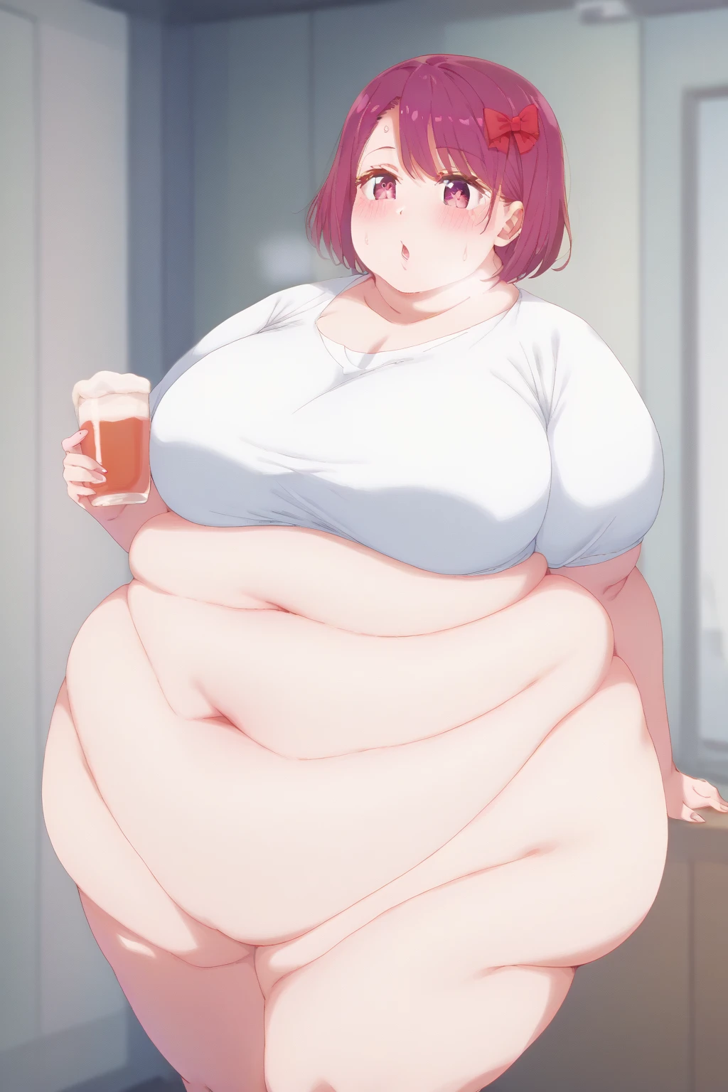 make redhaired ssbbw fat big belly obese heavy girl in too tight clothes at home and she's eating too much food from the kitchen