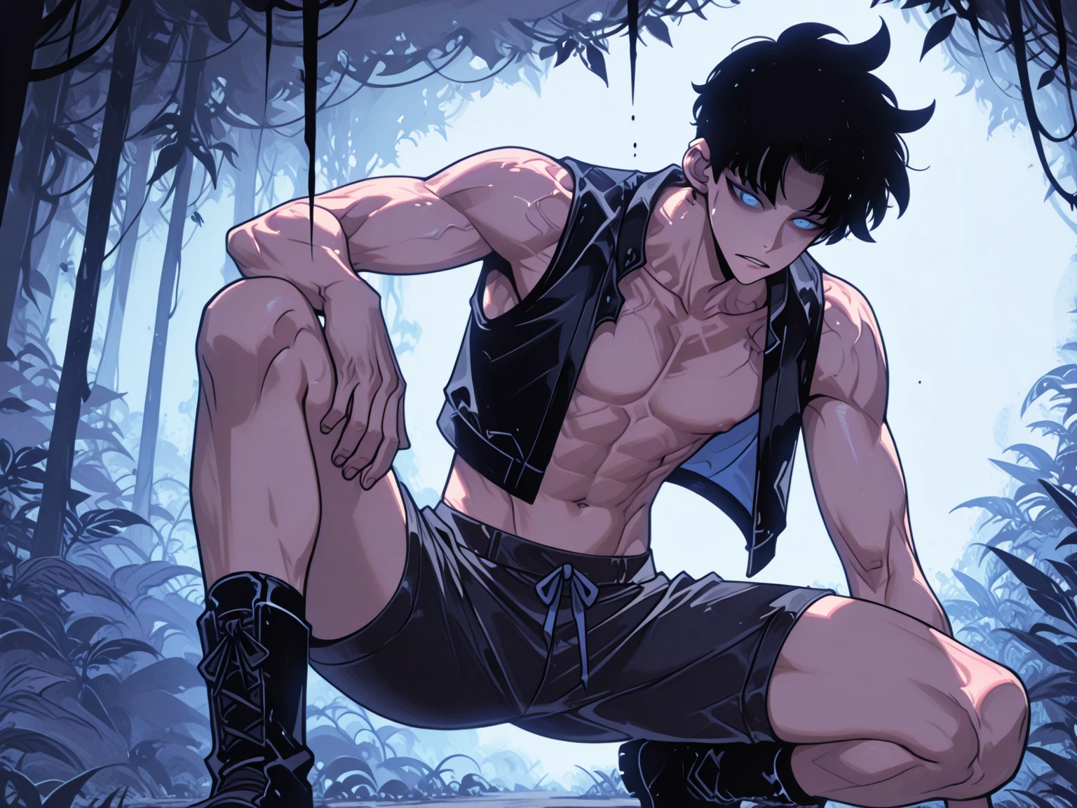 (absurdres, highres, ultra detailed), 1 male, elf adult, handsome, tall slender guy, narrow eyes, narrow shoulders, finely detailed eyes and detailed face, messy shaggy black hair, side bangs, bangs, green eyes, sexy twink, shirtless, final fantasy 14, dog collar, full body shot, backside, back view, submissive expression, hands up, arms up, hands on the way, full back view
