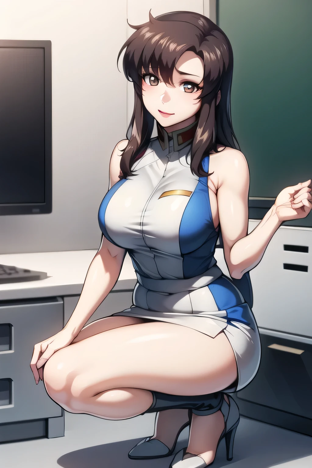 1 girl、Beautiful officer of the Earth Federation Army、short black hair，Idol-level cuteness、Accurately draw faces、Plump body，Huge breasts、Healthy Thigh Skirt Earth Federation Forces、knee height、Inside the cockpit of a space fighter、anatomically correct、Precise fingers、Photo realism，Sunlight，Smile，Smile