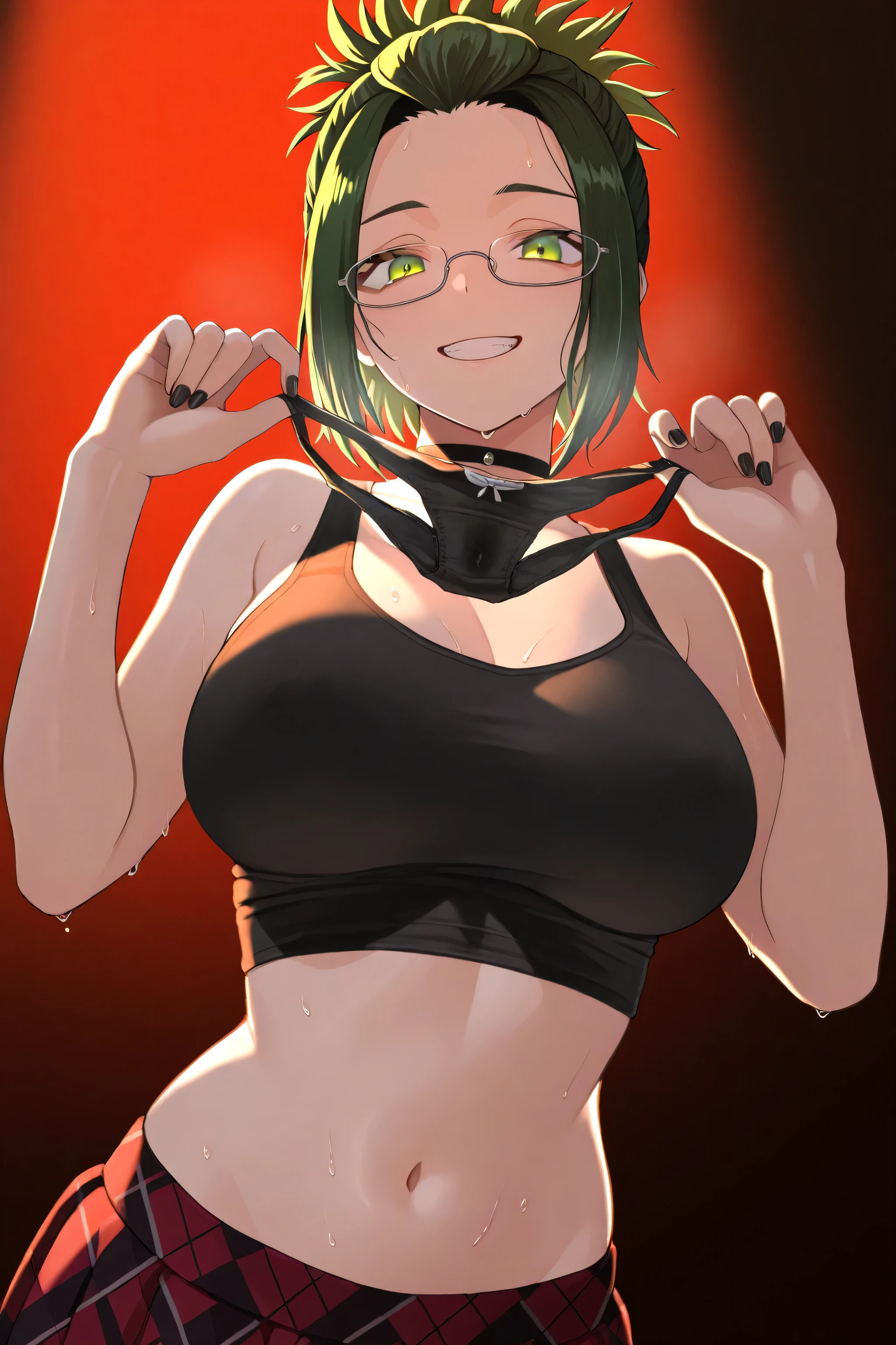 1girl, himiko agari, green eyes, ponytail, green hair, glasses,sexy,pose, crop top, black tank top, sweat, looking at viewer, body only, large breasts, closeup, black nail polish, upper body, navel, choker, hips, holding panties, under lighting, backlight, skirts, rating: explicit, grin