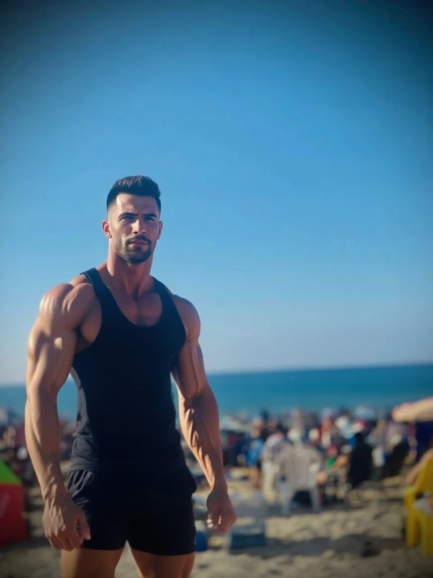 Create an image of an extremely sexy 38-year-old man with a well-groomed beard and stylish sunglasses. He should be shirtless, showcasing his toned upper body, while wearing sleek pants. The background should feature one of the world's most stunning sceneries, such as a pristine beach at sunset, the breathtaking cliffs of Santorini, or the iconic skyline of New York City. The setting should enhance his allure, with soft lighting highlighting his muscular physique and a confident, seductive expression on his face.
