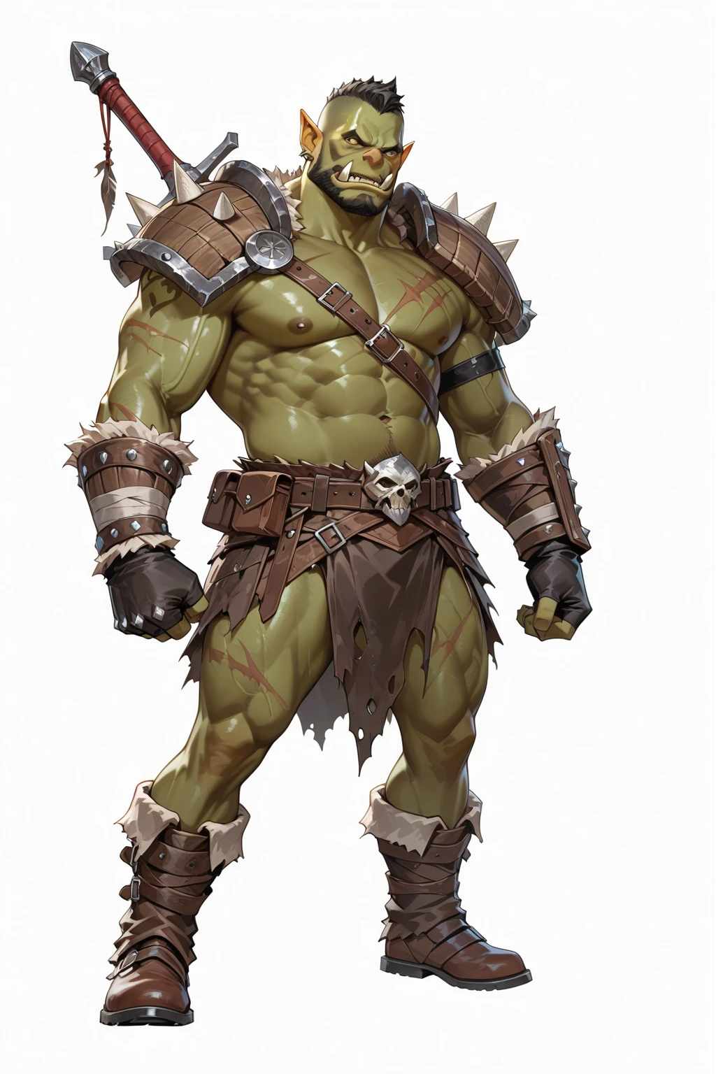 1boy, cowboy shot of muscular hewoworc, green skin, fangs, tusks, black armor, pants, fur trim, pauldrons, bald, beard, glowing yellow eyes, desert town, volumetric lighting, best quality, masterpiece <lora:sxz-orcs:0.7>
