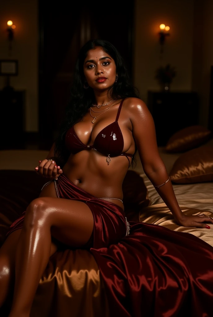 Editorial photo of a nerdy, busty, tanned, south Indian 29 year old woman wearing bathrobe, dark skin, very long black hair, sly smile, masterpiece, best quality, best quality, (depth of field:1. 5), (realistic details:1. 3), both eyes are the same, perfect face, hd, 2k, 4k , 8k, 16k, v-neck, deep cleavage, visible navel, wearing glasses, full body shot, bathroom, wet hair