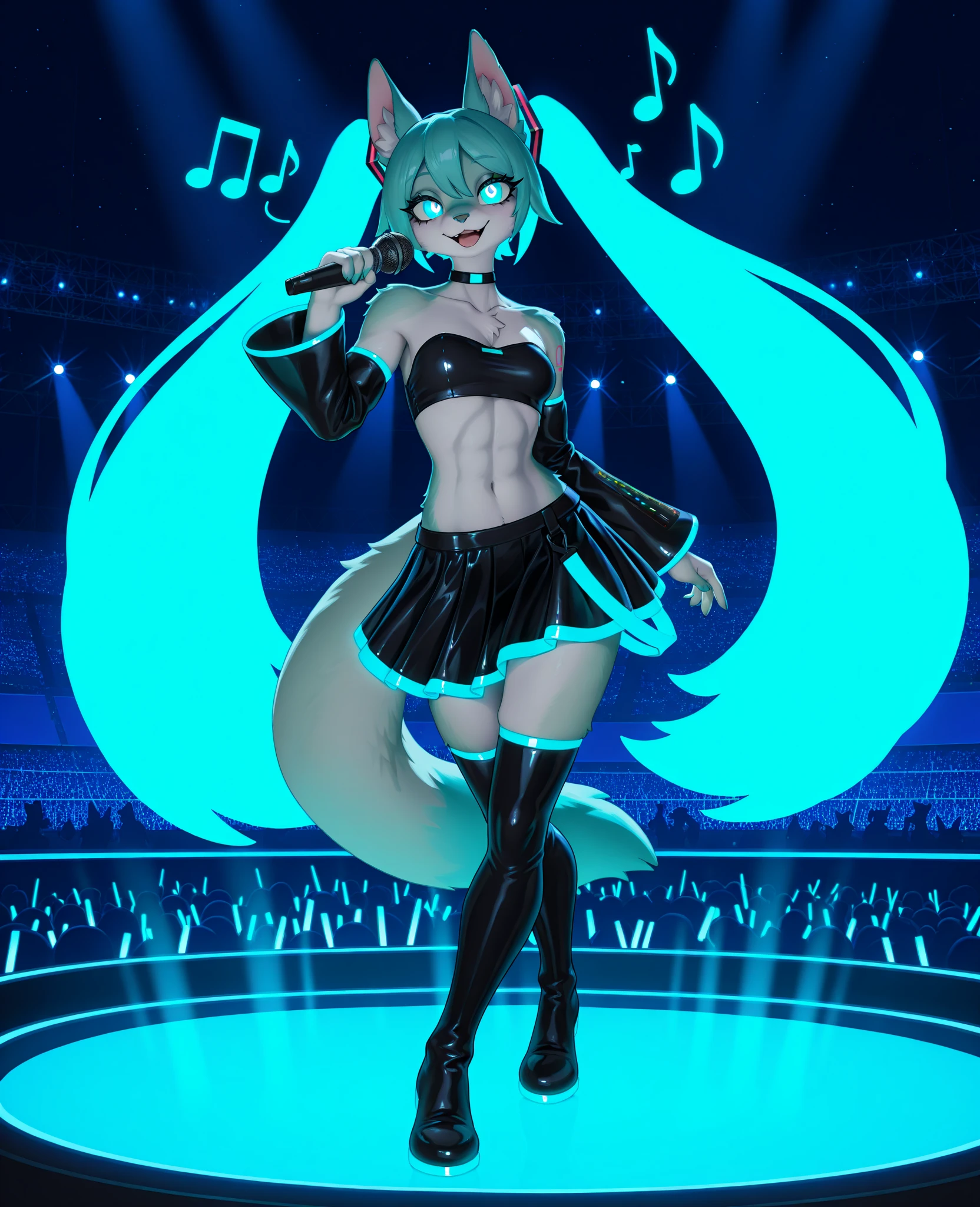 (Masterpiece) (High Detail) (High Res) A short petite humanoid girl with pale skin and blue eyes and long blue hair and blue dog ears and a big fluffy dog tail and average breasts is wearing a tight gold sequin dress with a pleated hem. She is stood on the dancefloor of a nightclub and is dancing. She looks happy.