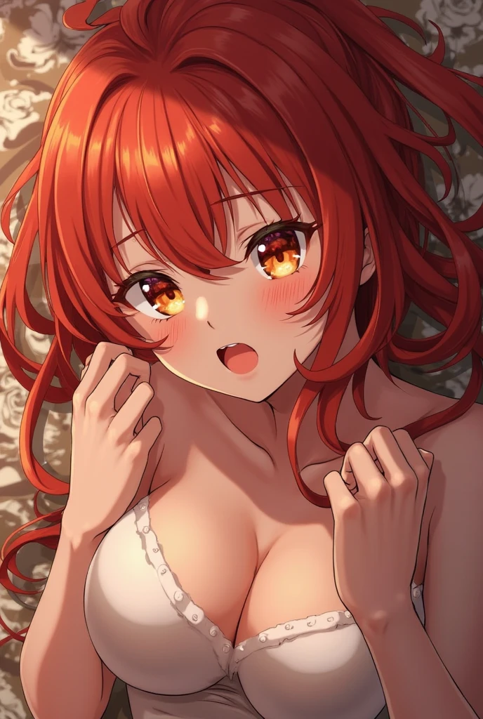 Japanese red haired curvy girl wearing only panty lying on bed