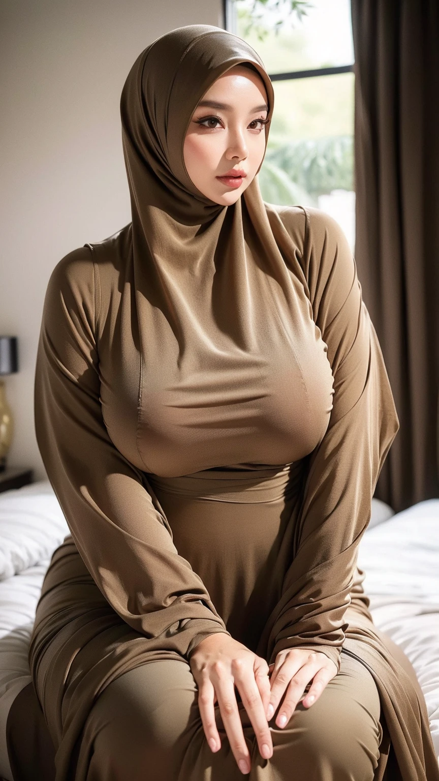 Light skinned African female model, 1/2 photograph, at home, natural light, posing for picture, thick lips, ????? lips, hijab, cotton turtleneck, long sleeves, freckles, huge massive breasts, pale skinned