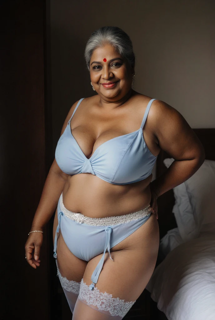 Gordinho, ((uma linda espanhola de 60 anoaduro), ((wearing beautiful colorful underwear with full, detailed coverage)), (Shorts de lycra), pele marrom, Gordinho, Realista, 8K high definition, incrivelmente detalhado, intricado, elegante, cabelo grisalho, maduro, rosto arredonde, senhora sedutora, (lar), puppy position, Brasileiro, It is, olhando para o espectador, cara feliz, Em uma mesa, Gordinho belly, (seios pequenos1.8), inventar, pulseiras, neckless, batom, sorridente