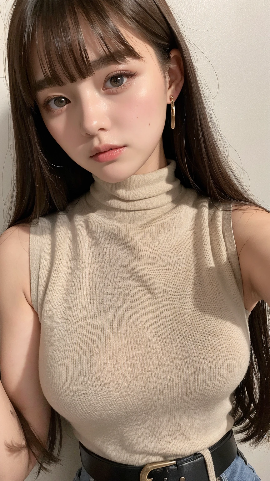 One person、Japanese、Skinny athletic model、Flat Chest、Single Mother、Mature Woman、Wearing a white turtleneck sleeveless sweater、Wearing a grey mile at me、The whole body is shown and you can see the thighs.、In your room at home、