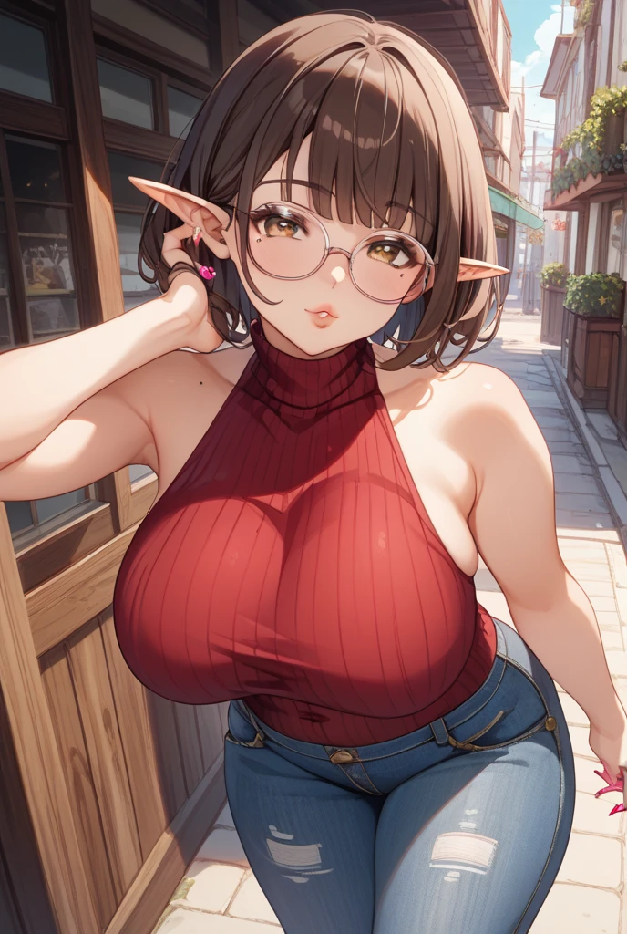 Cute loli elf,(((small loli,Small body,small))),(((for 6 years old))),((anime elf loli，With extremely cute and beautiful brown hair)), (((the elf))), (((elvish ears))),

(((Bigchest:1.8))),((((Brown hair:1.35,bob cut  hair,Colored inner hair,Ear breathing)))),(((green-eyed:1.3,upturned eyes:1.3,perfect  eyes,美丽细致的眼睛,Rainbow glowing super detailed green yellow eyes:1.1,Gradient eyes:1,Delicate and beautiful eyes:1,symetrical eyes:1,There is a big bright spot on the eye:1.2))),(((Glow skin:1.5,Brightens skin: 1.5,The skin is tanned,Glossy glossy skin,The skin is very radiant,shining body,plastic glitter skin,Exaggerated glowing skin,Reflective skin))),(Delicate and delicate fingers,Detailed body,detailed arms,Human hands,(with a round face,详细的脸)),

cute big breasts,Debauchery,pornographic,boldness,fat,(((NSFW))),

((((Huge glasses, nerd glasses, thick glasses, Round glasses)))),Absolute opportunity,Clothing that exposes,show skin,(((Sexy light pink fur coat, Matching pale pink fur jacket, Wearing a light pink fur coat:1.3,Pale pink winter coat))), ((Pale pink miniskirt,Raw edge pale pink mini skirt,Visible thong straps)),(whitegloves,Pale pink clothes,Half-naked,Pair with light pink clothes,((((raw edge clothes)))),(detailed outfits,Meticulous clothes),

(dynamicposes:1.0),focused only,Embarrassing,at centre,Scale to fit the dimensions,the rule of thirds,

evening,Resort background,Winters,snowstorm in background,(Pine forest),detailedbackground:1.25,Snow cover,muita neve, yuki,Snow forest background,(((Glowing snowflakes,Sparkling details))),Christmas tree,

(Best quality at best),(A high resolution),(Focus sharp),(ultra - detailed),(The is very detailed),(extremely high quality artwork),8K_the wallpaper,(Extremely detailed CG 8k),(Very beautiful 8K CG),((Super super detailed perfect work)),flawless perfection,(((tmasterpiece))),illustratio,vivd colour,(iintricate),hight contrast,Selective lighting,double contact,HighDynamicRange (HighDynamicRange),Post-processing,The background is blurred out,