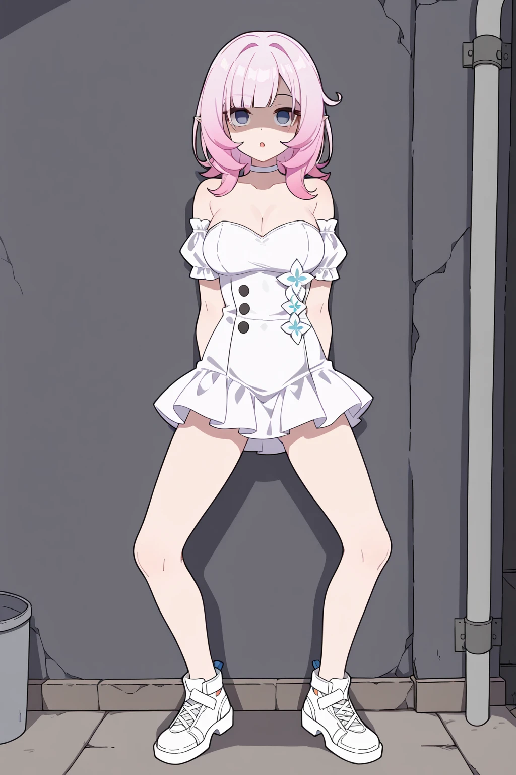 Top quality, One girl, standing, Full body, Soft, Super clear, High definition image, (front), (Front of the body), Middle breast, white hair, Ponytail, White sprite bra, White sprite panties, Strong, beautiful, Dainty, Looking at camera, Blushing, Red eyes, Open mouth, bun hair
