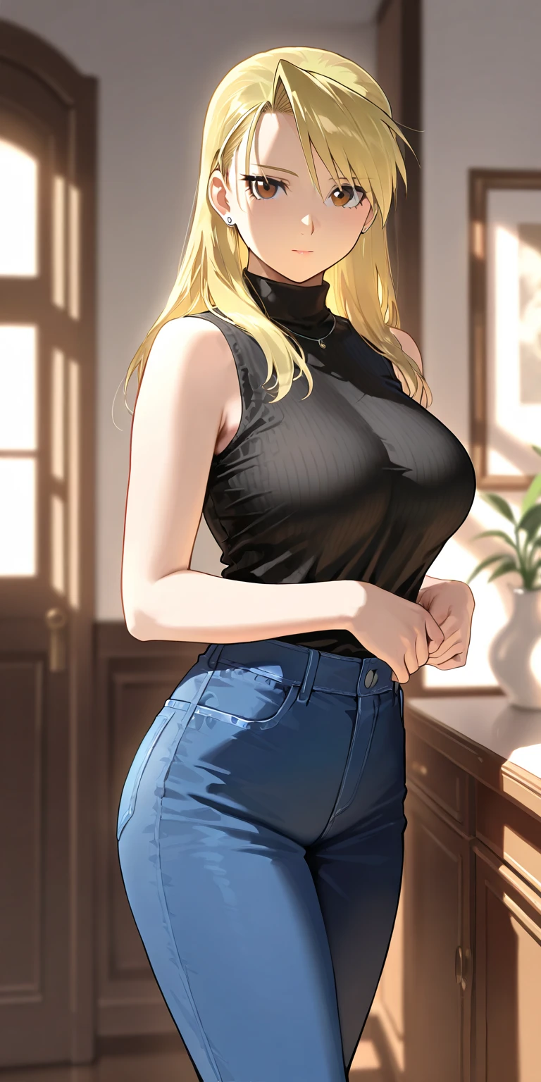 (Uhd, Masterpiece, Textured Skin, Super Detail, High Details, High Quality, Best Quality), Detailed Face, 1woman, mature pretty woman, ((Wide hips, thick thighs, massive huge breasts)), Blonde hair tied up, (Black sweater shirt), jeans, (Huge Body), (Hair tied)