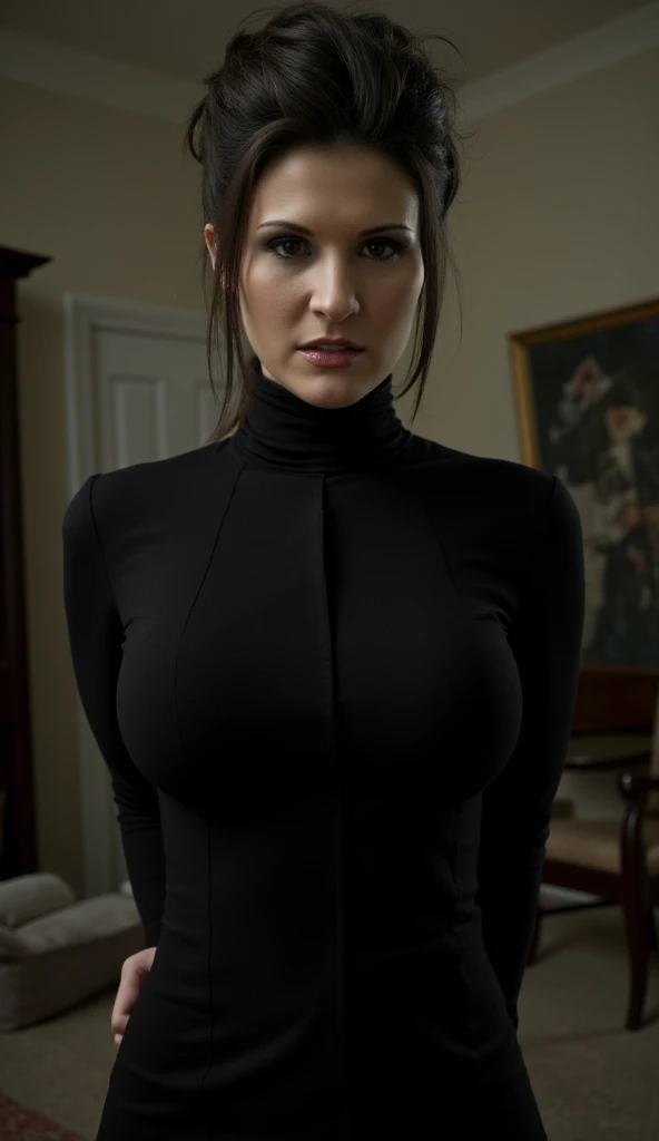 (ultra realistic,32k, masterpiece:1.2),(high detailed skin:1.1),( 8k uhd, dslr, high quality:1.1),
1girl, black hair, ponytail and bangs,(long slevees, turtleneck dress, (short dress:1.1),(<lora:shiny pantyhose:0.3>pantyhose,:1.2):1.1) ,,, , <lora:add_detail:0.75>, (red lips:0.8), (mascara:1.1),(huge breast:0.9),
(looking at viewer, sitting, from above:1.1),
,(beautifully lit:1.1),blank background
