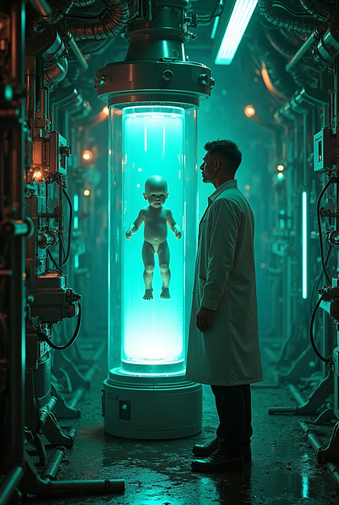star wars, raw photo of humans standing looking at small baby goku sleeping, abs, showing skin, baby goku submerged into tank pod, baby goku in vessel filled with a liquid, which promotes rapid healing. baby goku is completely submerged and use breathing mask while recuperating, in sci-fi room,