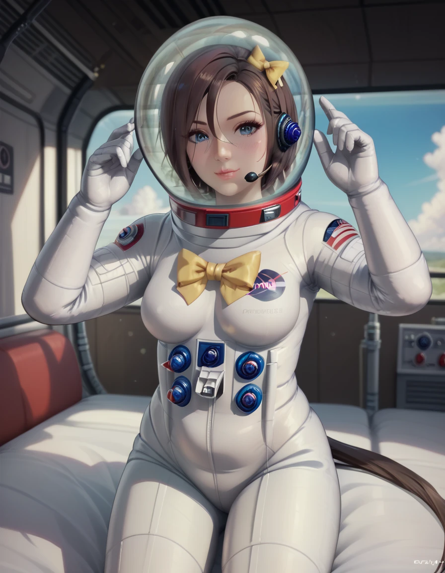 (masterpiece, top quality, best quality, official art, beautiful and aesthetic:1.2), (1girl:1.3), light freckles, fair skin, extremely detailed, portrait, looking at viewer, solo, (full body:0.6), detailed background, close up, (bright space pinup theme:1.1), busty 1950's pinup brunette space girl, charlatan, smiling, happy, mysterious, spacewalk, modest attire, white and orange space suit, spacesuit, helmet, bodysuit, ray gun, long boots, pouches, jetpack, glass helmet, rocket ship, ((((on the moon, space helmet, narrow hips, slim sexy body, gigantic breasts)))), slim waist, slim hips, long legs, futuristic (American flag, lunar surface, on the moon, moon exterior:1.1) background, dark mysterious lighting, shadows, magical atmosphere, dutch angle,