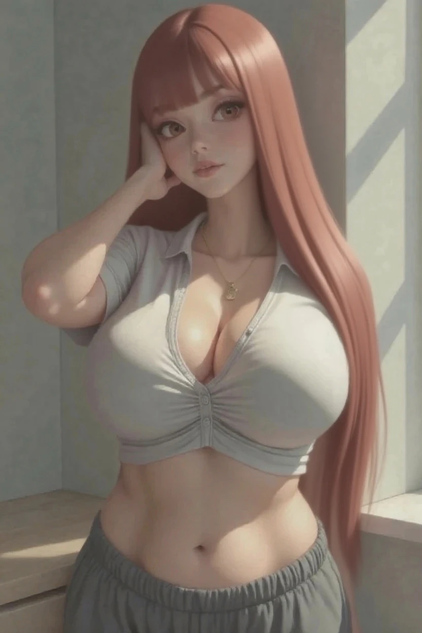 (masterpiece, best quality, cinematic, photorealistic, ultra-detailed), 1girl, (red lips, puffy lips, thick lips, slightly parted lips:1.2) (wide shot, from the front:1.5), (brunette hair, bubble braids hairstyle, with caramel highlights:1.3), wide hips, thick thighs, (bursting breasts, hanging breasts), (underboobs, navel:1.4), (wearing a tight black sleeveless shirt, white super short shorts:1.4), (gradient background), sensual pose, (sleepy eyes, hazel eyes, detailed pupils, detailed eyes, blushing), (sitting crossed legs)